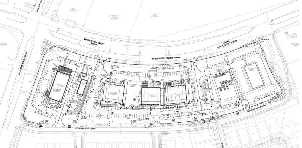 Architectural rendering of a modern mixed-use commercial development in Fort Worth, Texas with storefronts and parking.