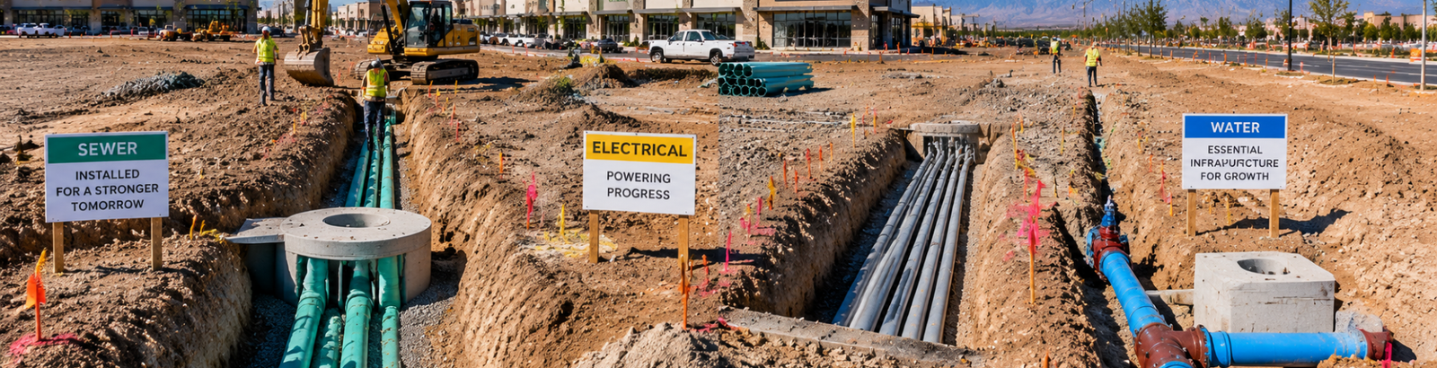 Icons representing electric, gas, water, wastewater, TxDOT, municipalities, and franchise utilities connected by lines.