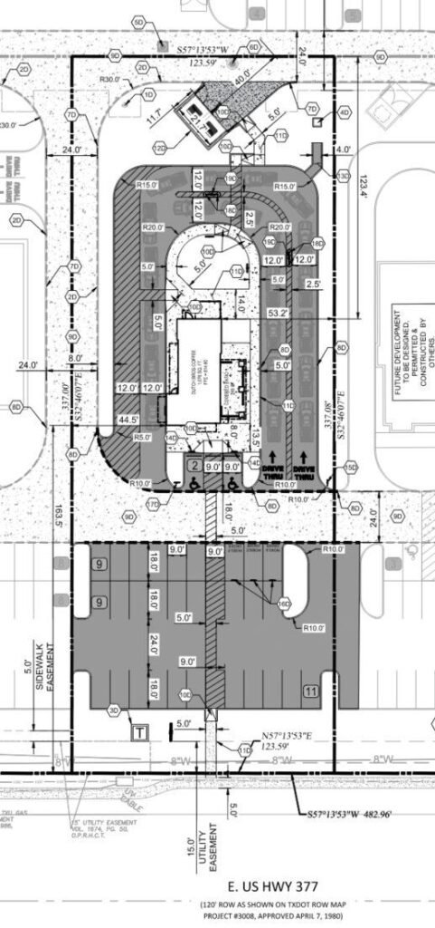 Architectural rendering of a modern Dutch Bros drive-through coffee shop with cars lined up and outdoor seating.